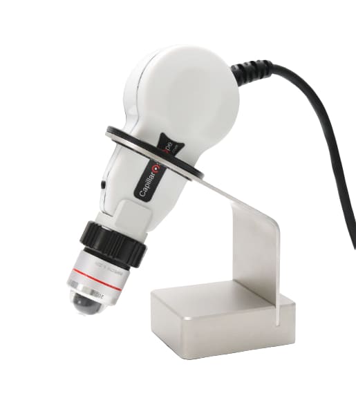 Inspectis capillaroscope with 200× optics in its bench-top holder